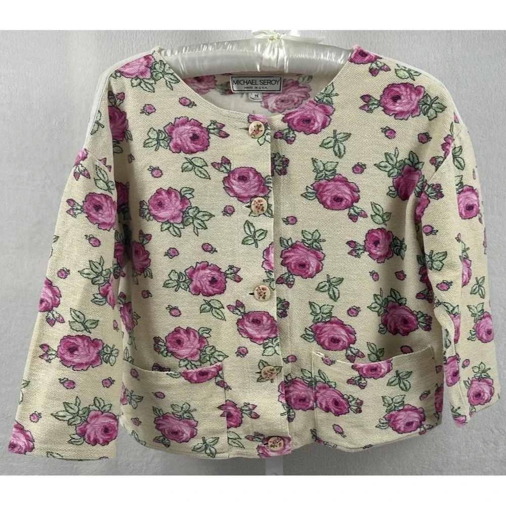Vintage 90s Michael Simon USA Floral Tapestry Knit Cotton Cardigan Top Size M